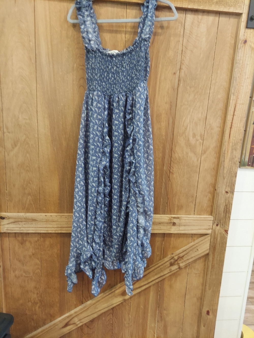 Three Bird Nest Ruffed  Maxi Dress Smocked Bodice Blue Ruffle Sleeves  Boho Sz S